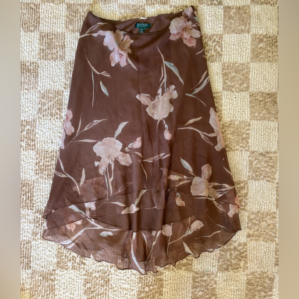 Ralph Lauren - Mirocovintage 100% silk, brown with blush iris pattern